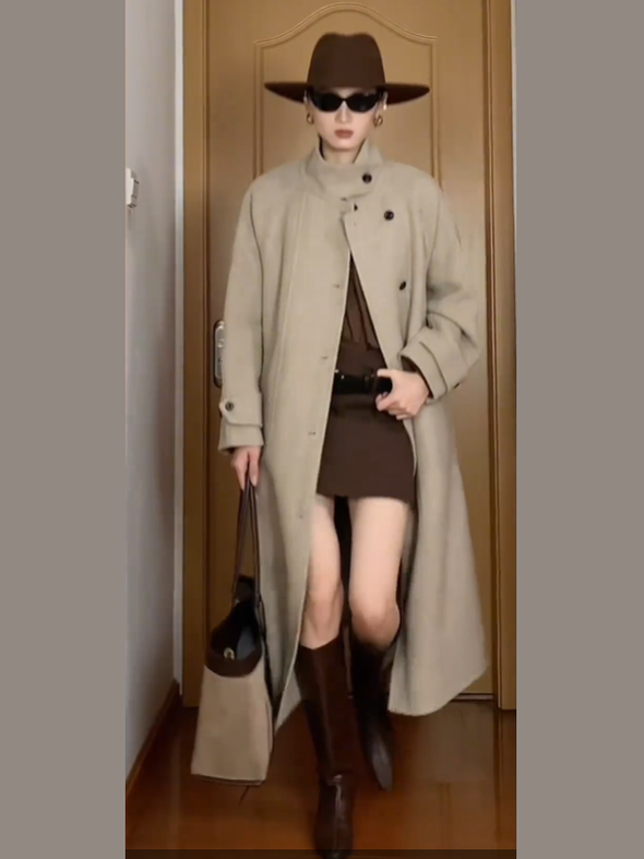 French wool stand-up neck belt long woolen coat f0261