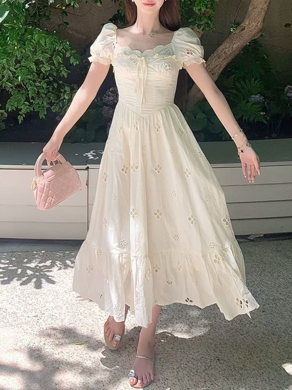 CRUSHPEACH cottagecore creamy white cotton embroidery puffy dress