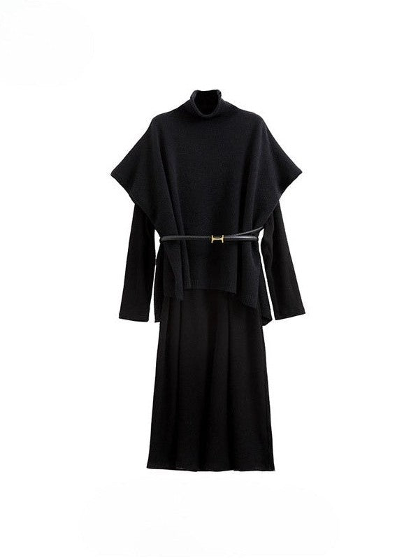 Long Sleeve V-Neck Dress  Bat Sleeve Shawl Two-piece Set C0254