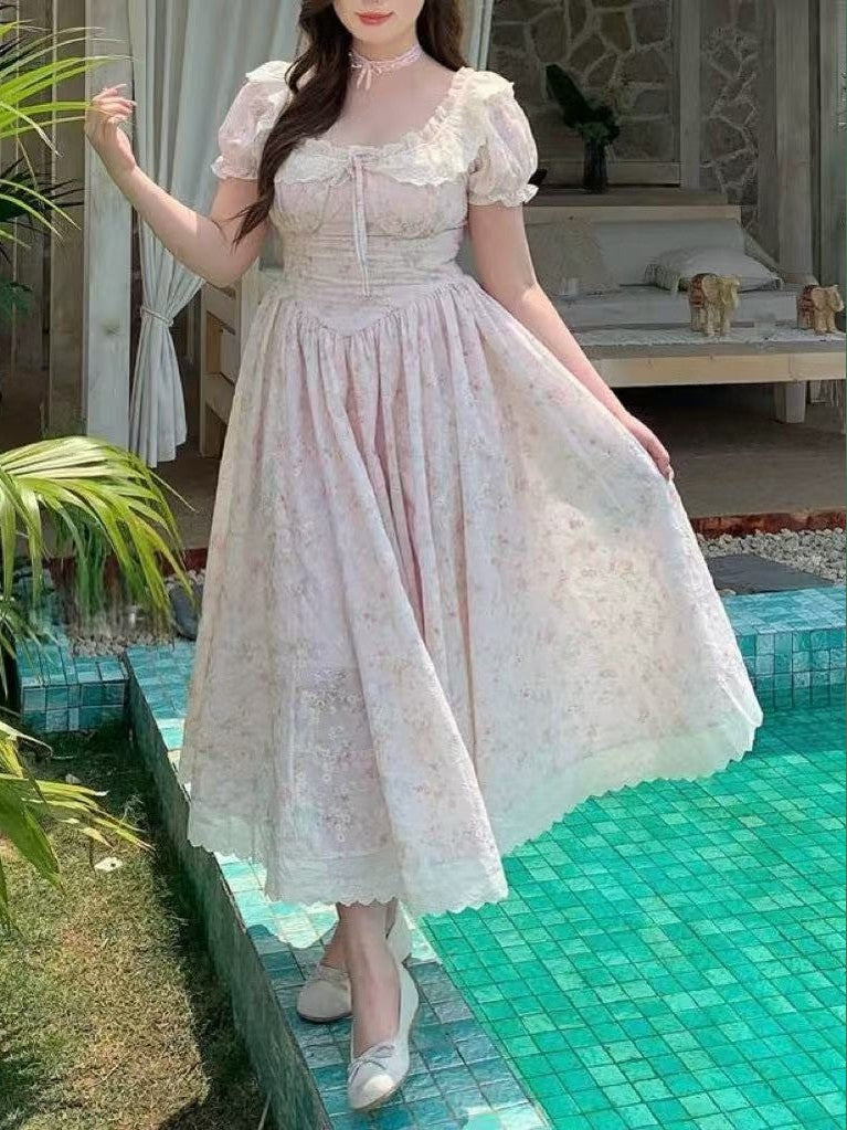 crushpeach Pink Cherry Garden Exquisite Cotton Embroidered Lace Maxi Dress