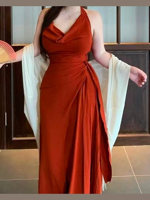 crushpeach Retro Elegance Off-Shoulder Brick Red Halter Dress/coat