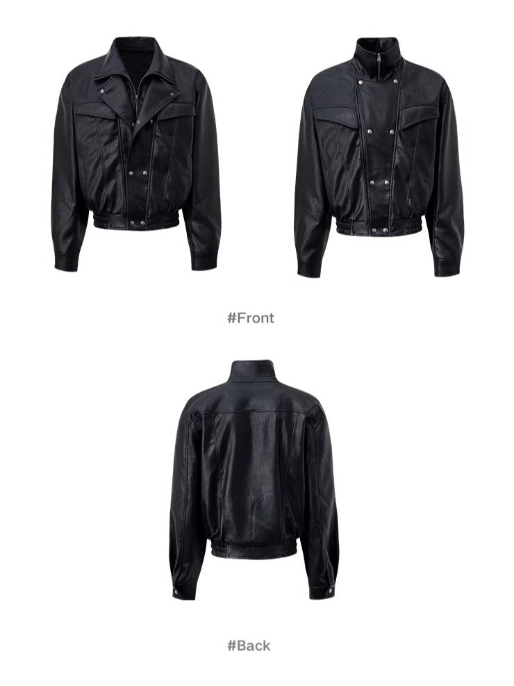 Silhouette zipper double neck locomotive leather jacket f0259