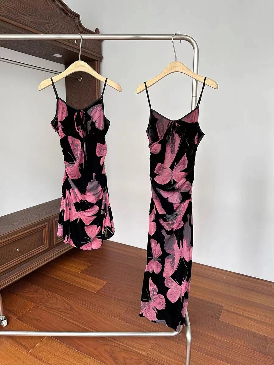 CRUSHPEACH Mesh Purple Butterfly Print Halter Dress-SHORT