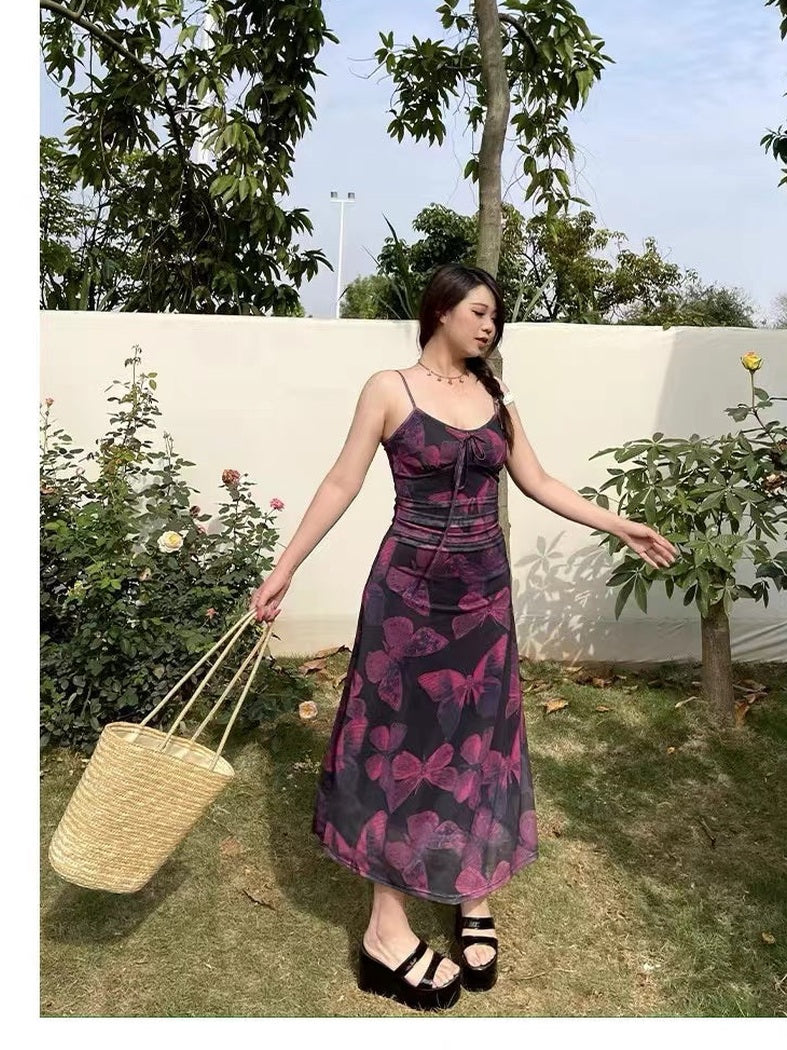 CRUSHPEACH Mesh Purple Butterfly Print Halter Dress-LONG