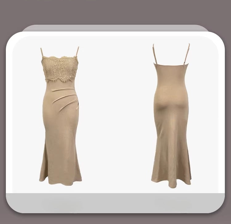 Swinging neck lace polished fleece dress FE0515