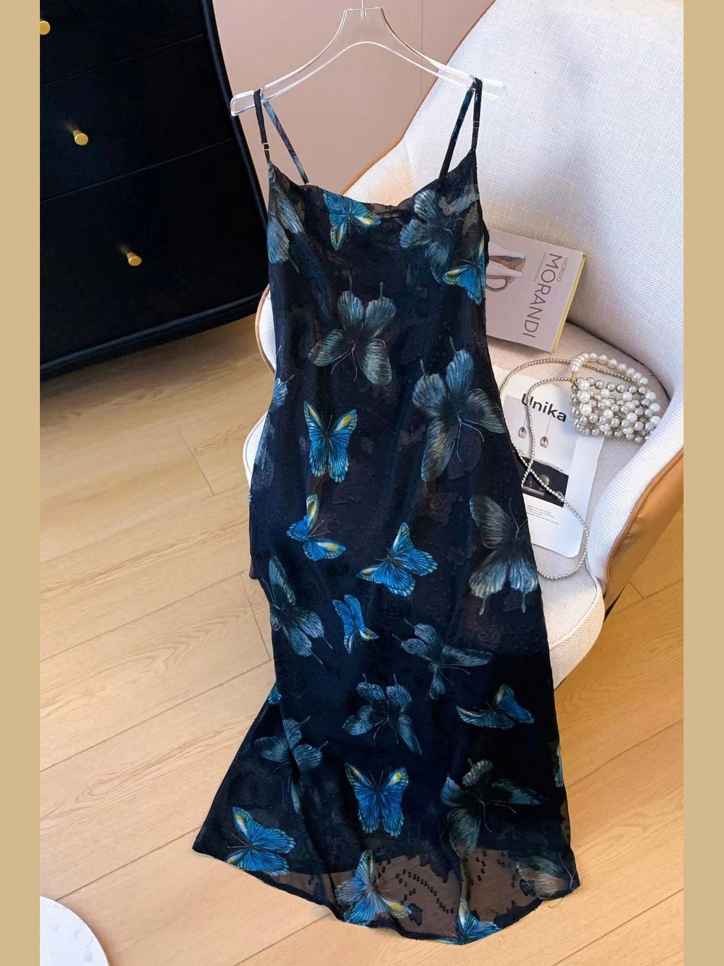 CRUSHPEACH vintage Blue Butterfly Vase Swing Neck Halter Dress