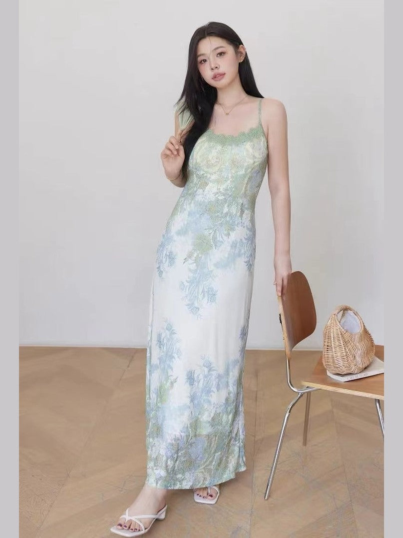 CRUSHPEACH Forestcore Fresh Matcha green mesh halter dress