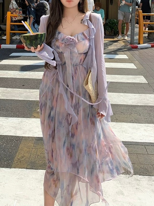 CRUSHPEACH Vacation Style Purple Oil Painting ROSE fairy midi Dress