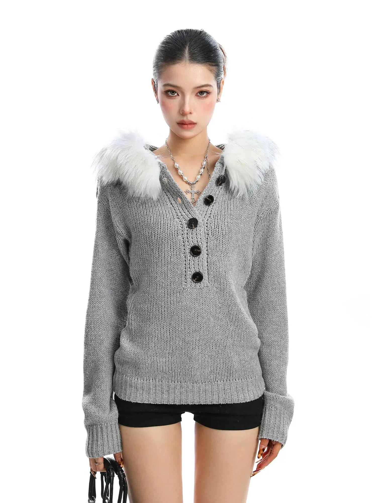 Fur-Trimmed Knit Hoodie with Waist Shape f0347