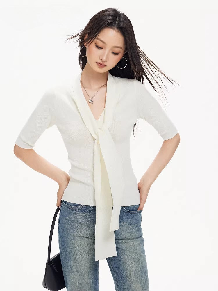 Ribbon design half-sleeve knitted sweater fe0519