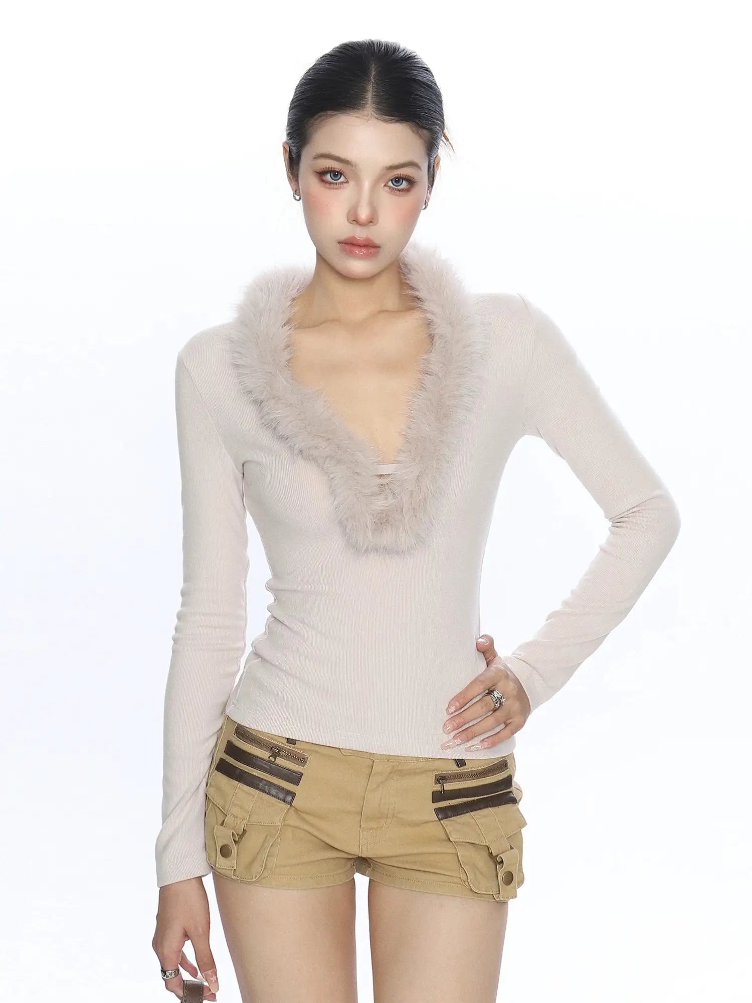 Feather Knit Y2K V-Neck Top f0346