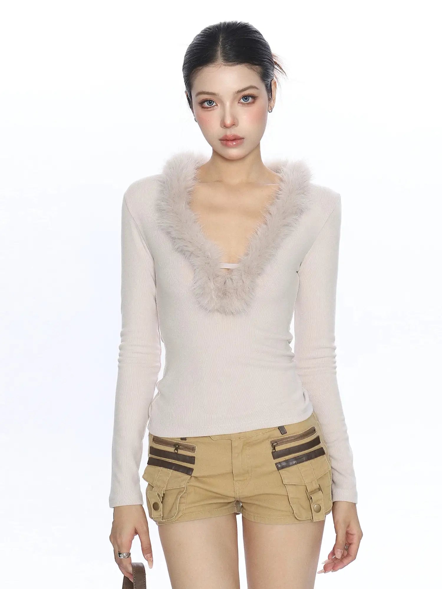 Feather Knit Y2K V-Neck Top f0346