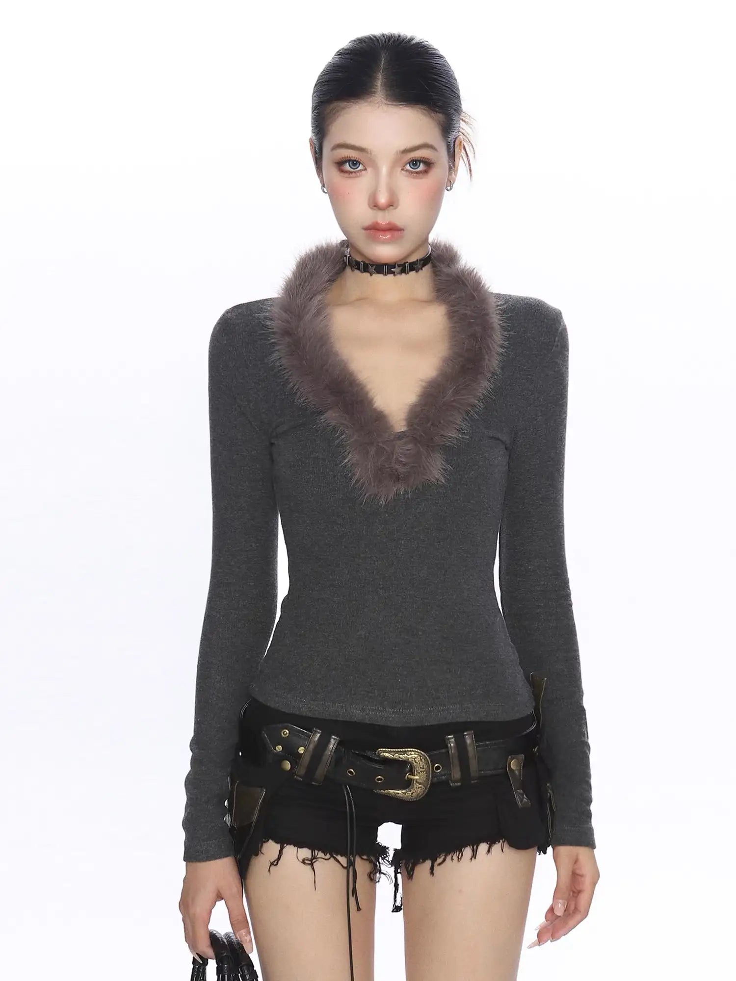 Feather Knit Y2K V-Neck Top f0346