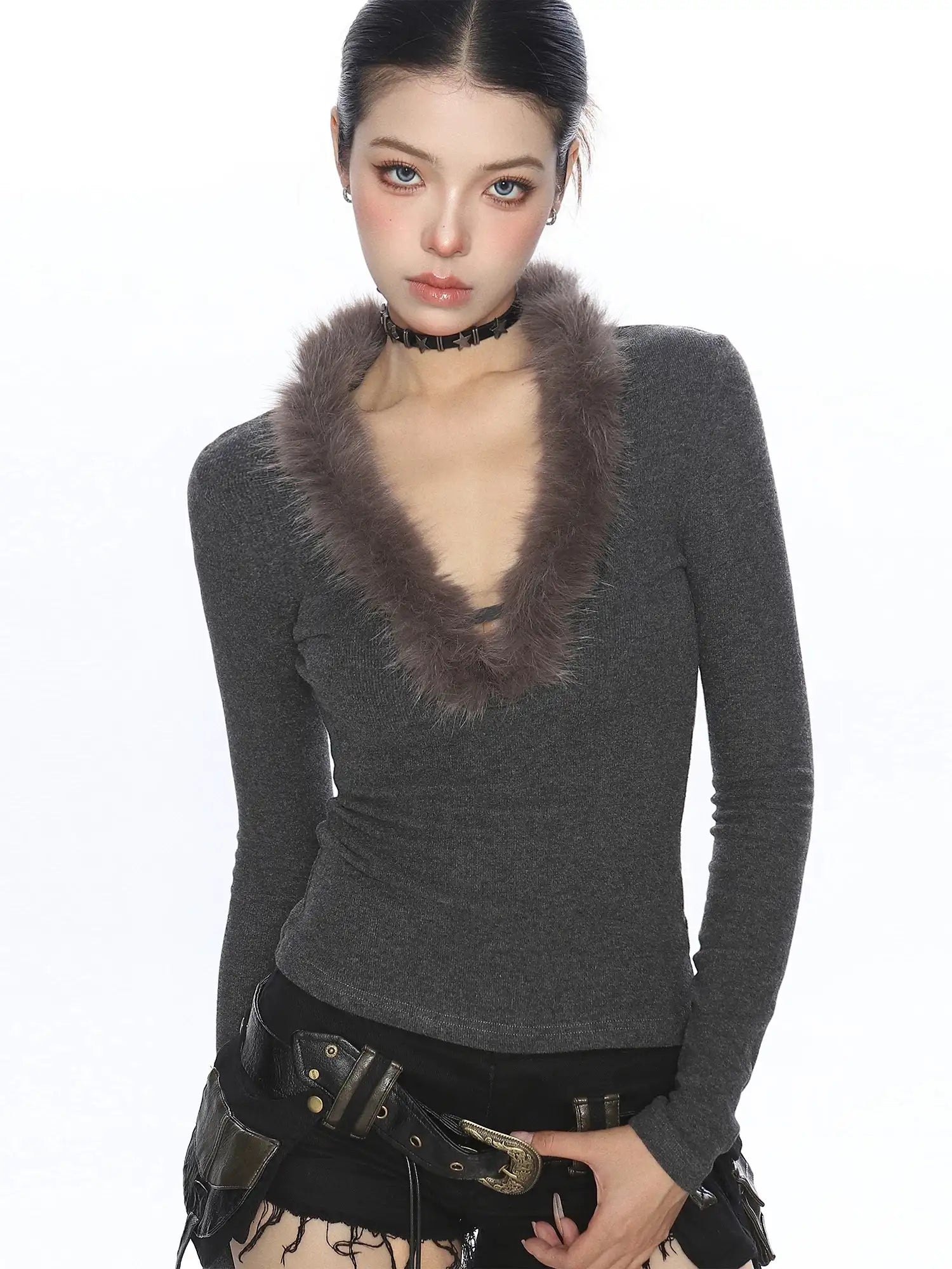 Feather Knit Y2K V-Neck Top f0346