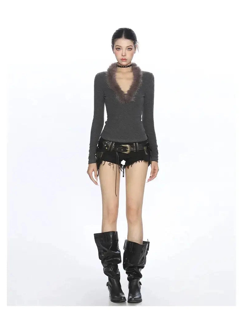 Feather Knit Y2K V-Neck Top f0346