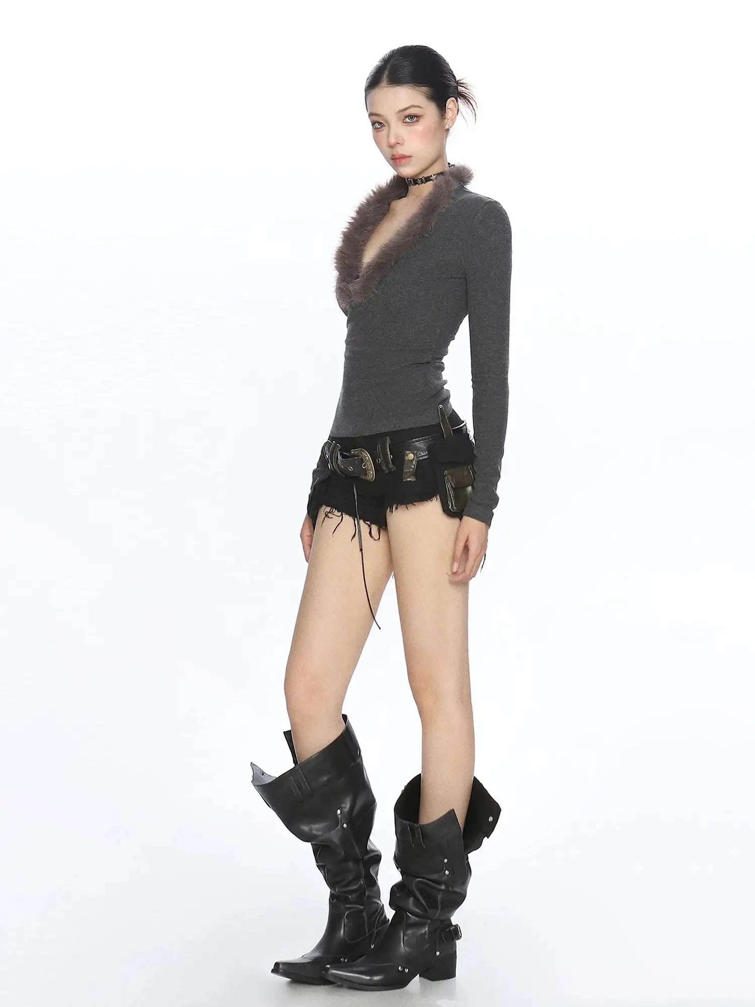 Feather Knit Y2K V-Neck Top f0346