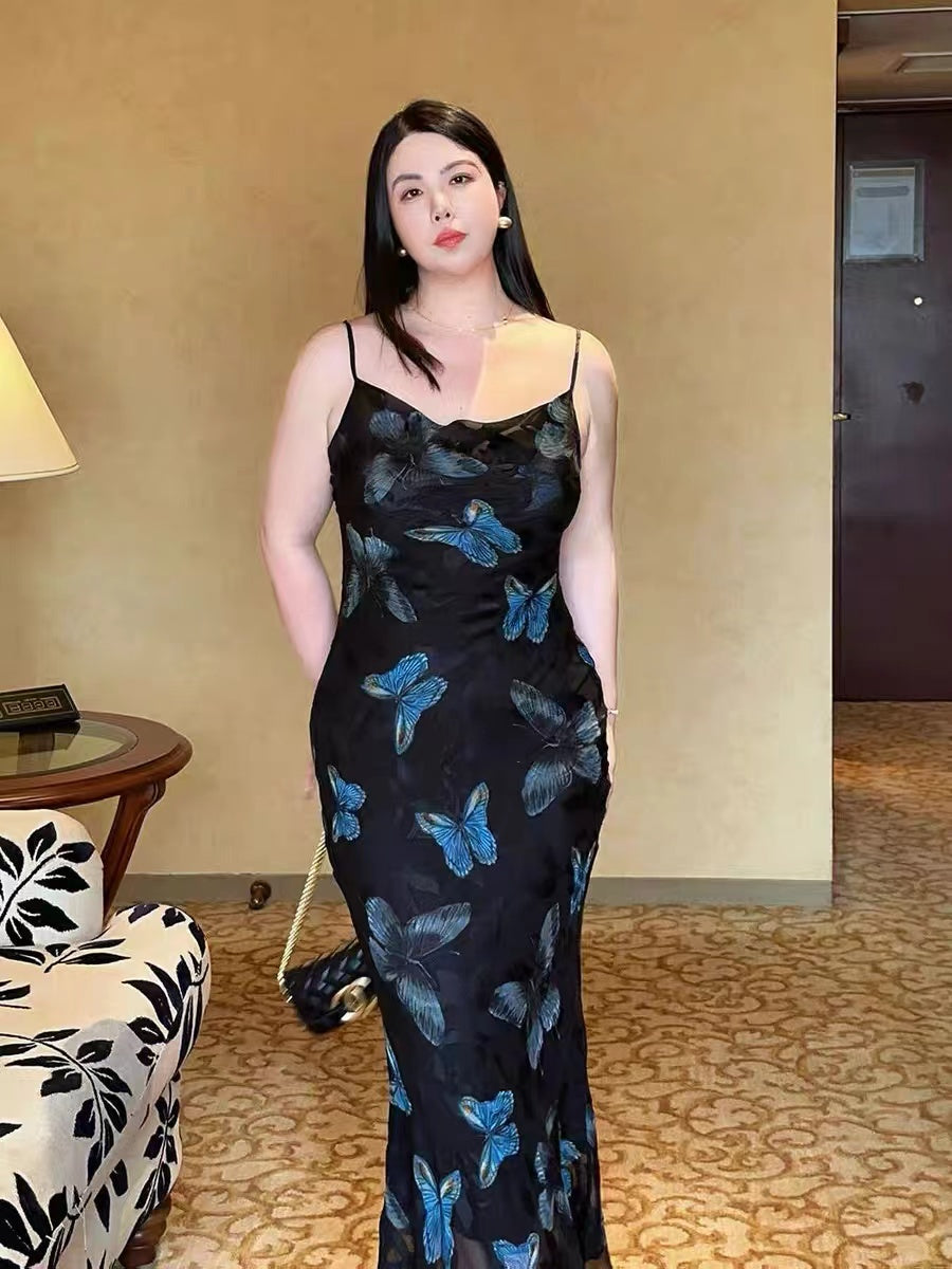 CRUSHPEACH vintage Blue Butterfly Vase Swing Neck Halter Dress