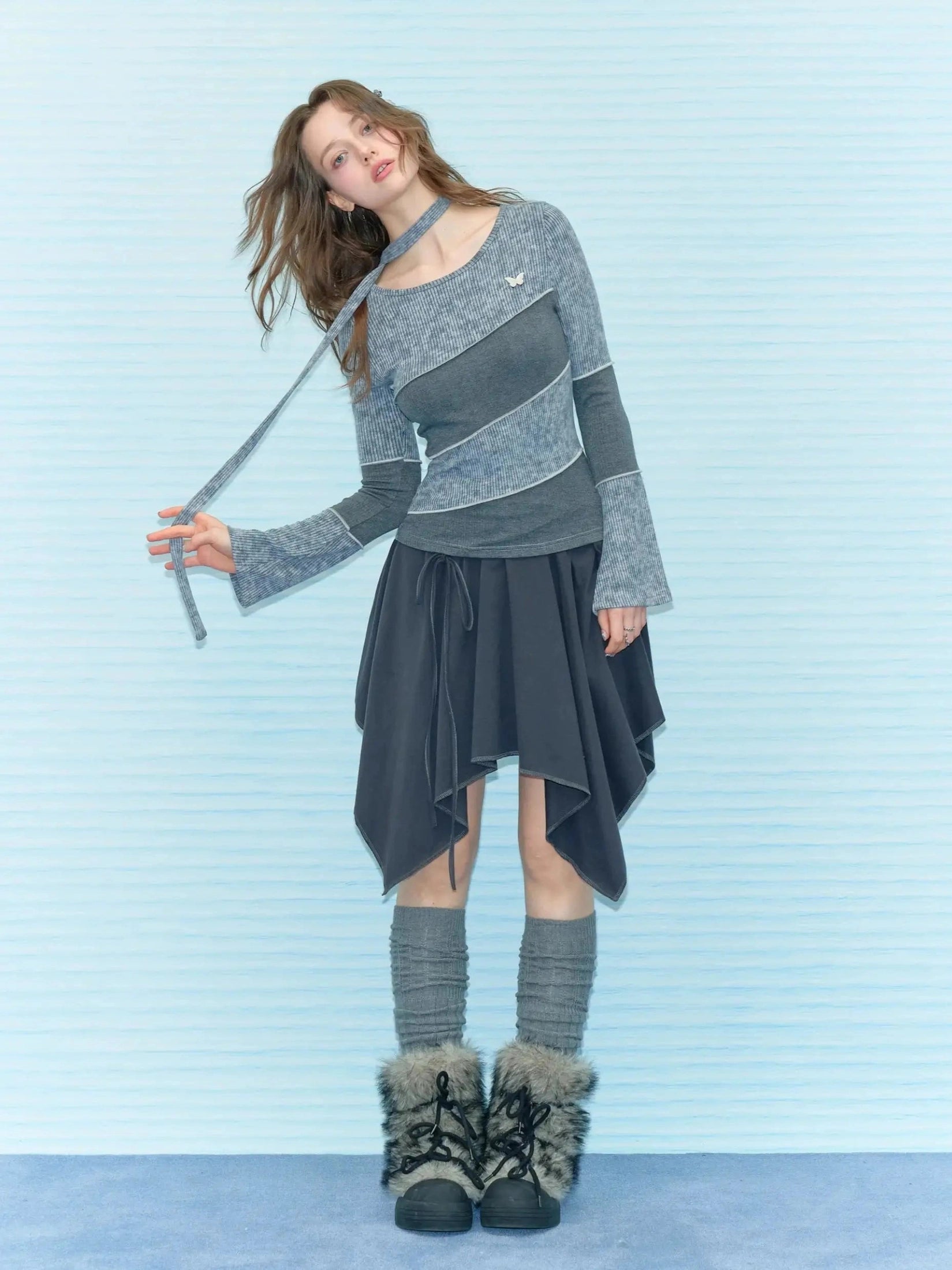 Choker Design Slim Knit Top  f0401