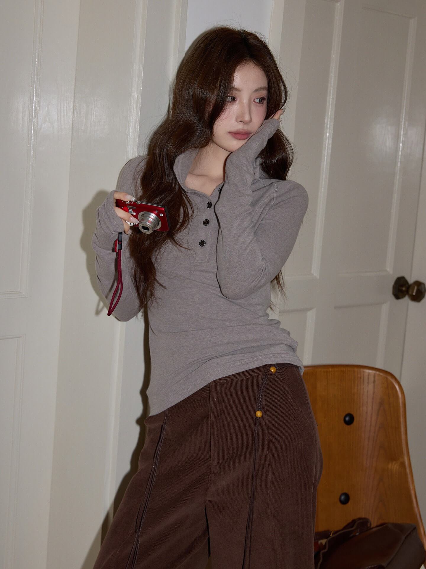 Gray High-Neck Rib Top f0349