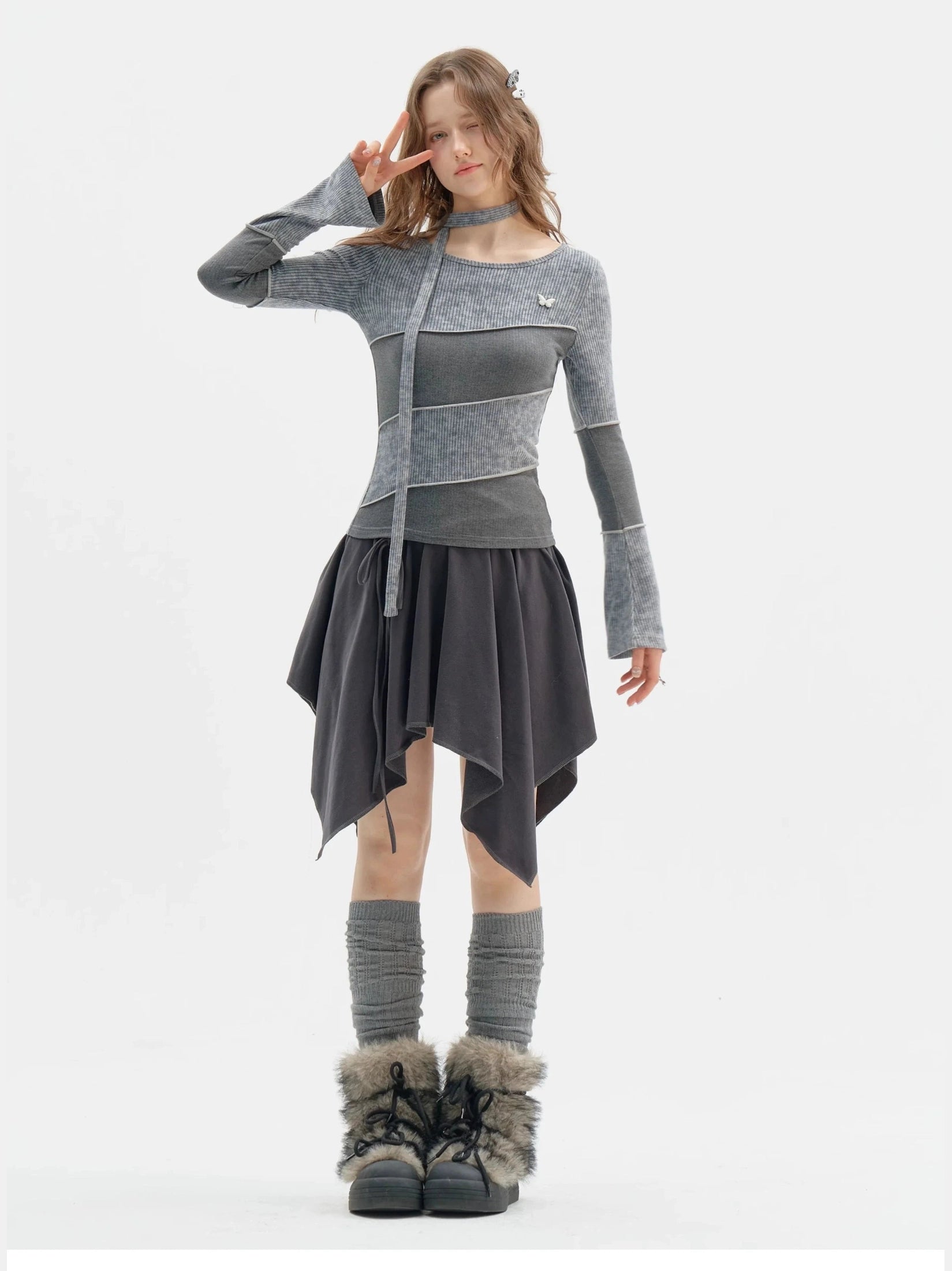 Choker Design Slim Knit Top  f0401