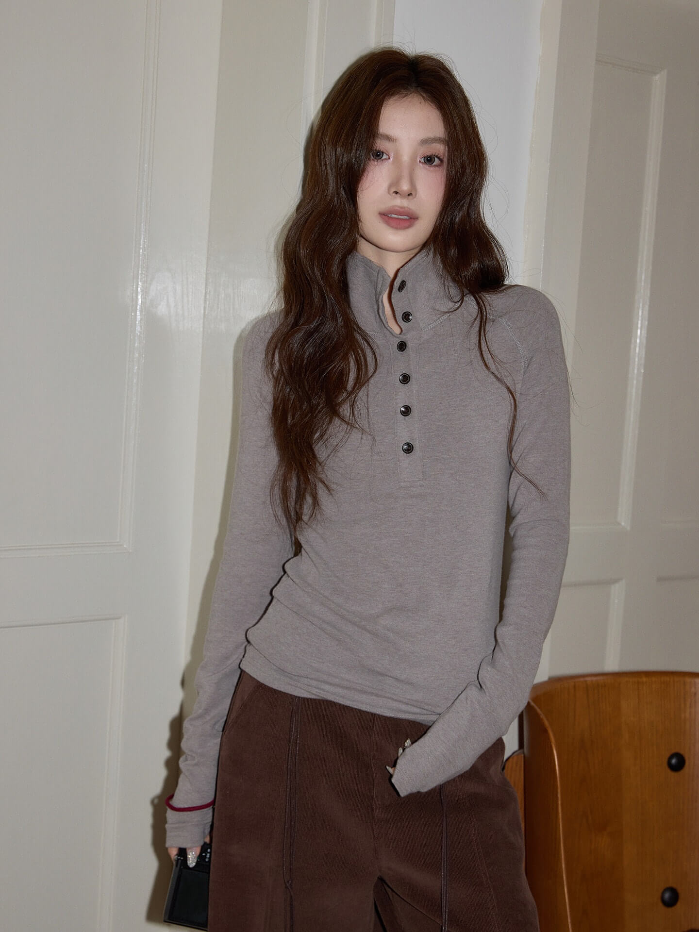 Gray High-Neck Rib Top f0349