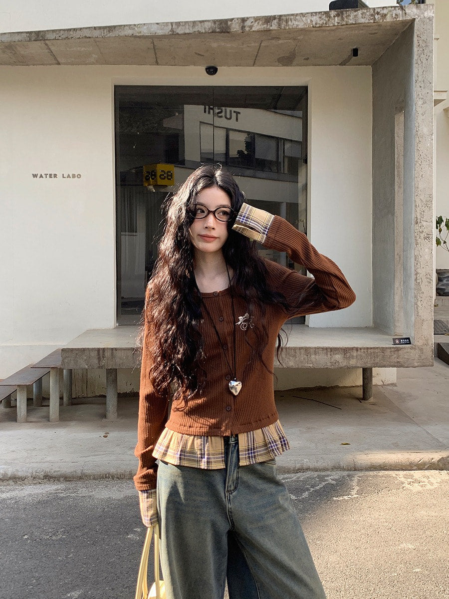 Brown Check Layered Top f0350