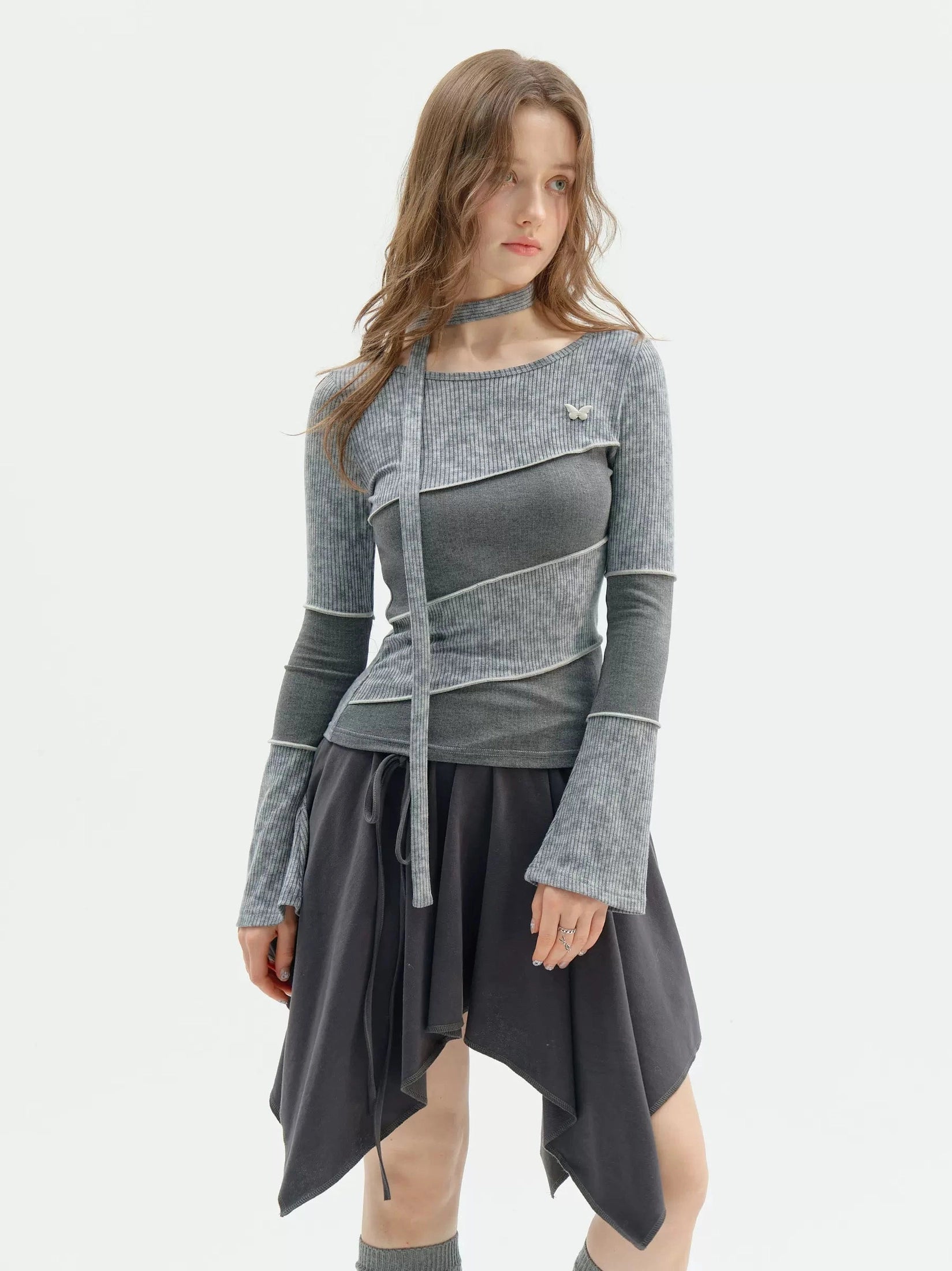 Choker Design Slim Knit Top  f0401