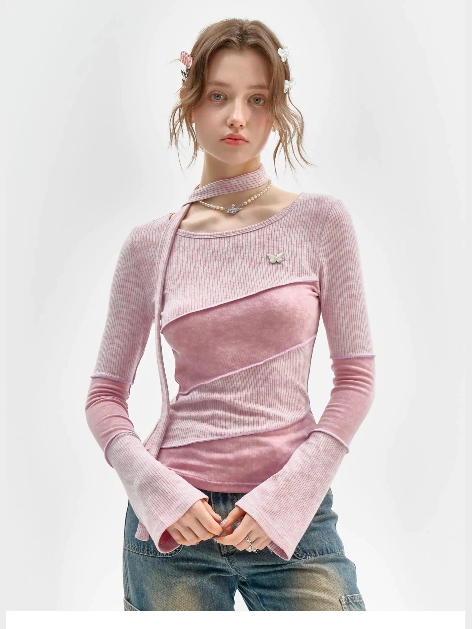 Choker Design Slim Knit Top  f0401