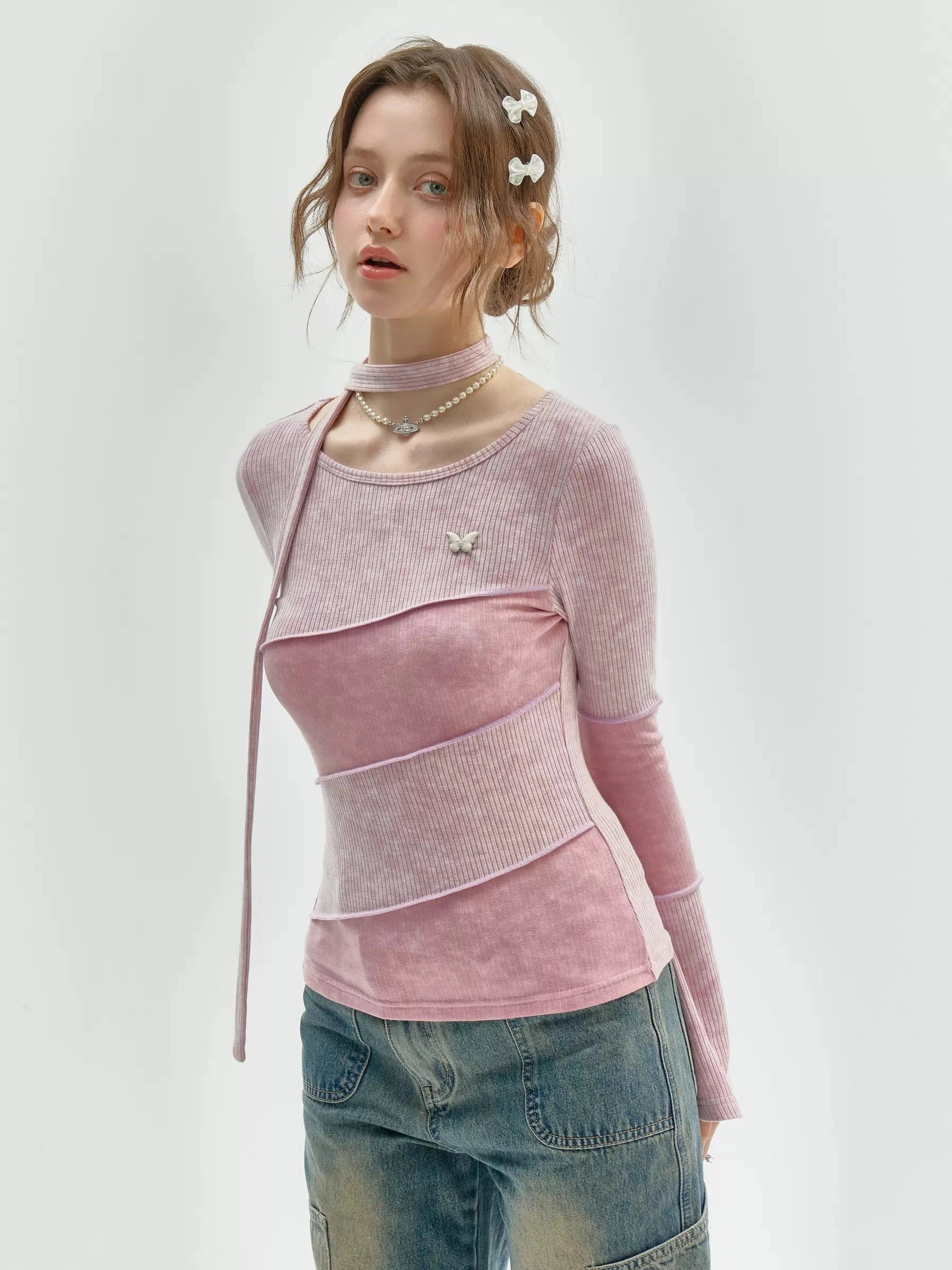 Choker Design Slim Knit Top  f0401