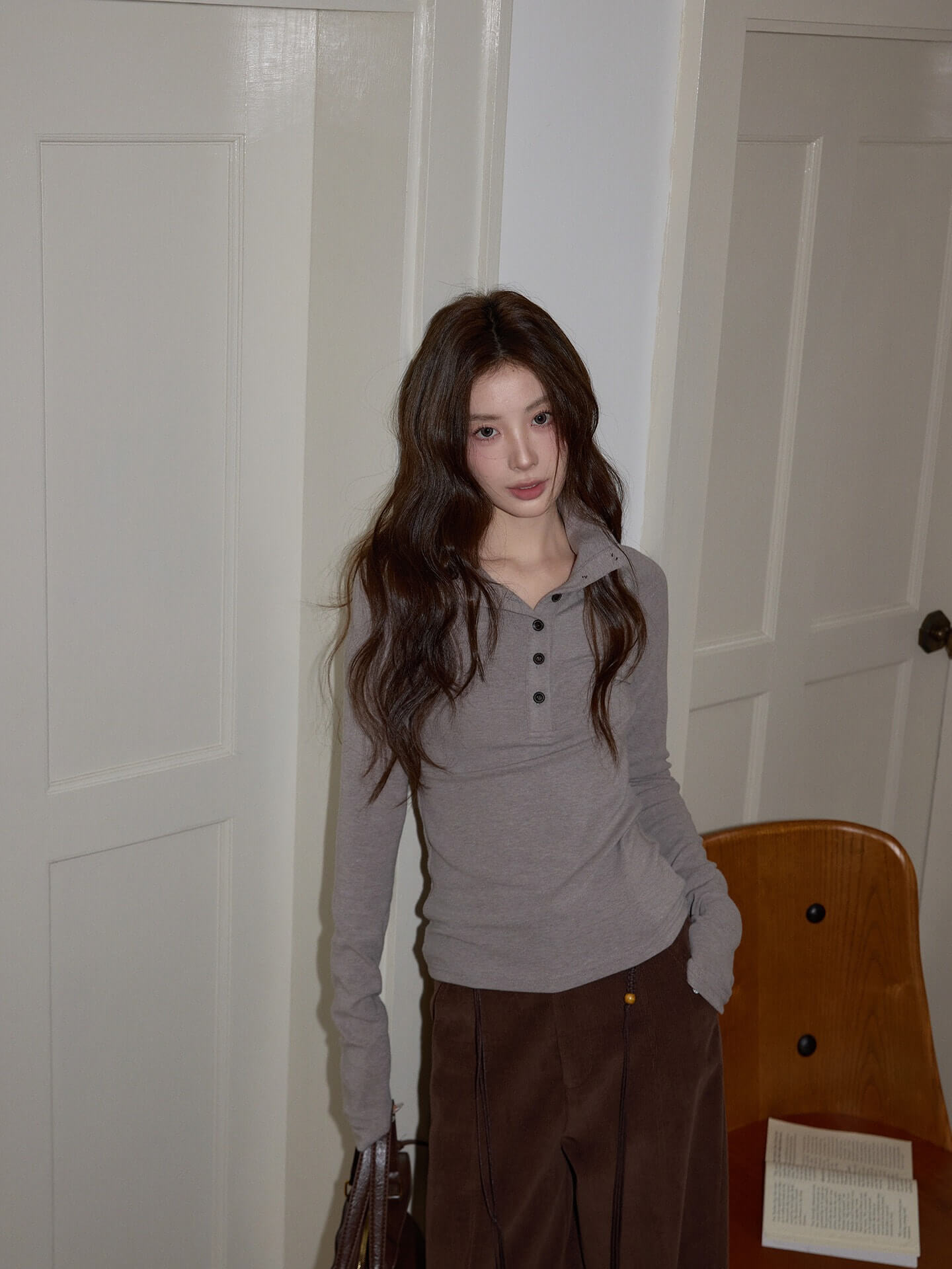 Gray High-Neck Rib Top f0349